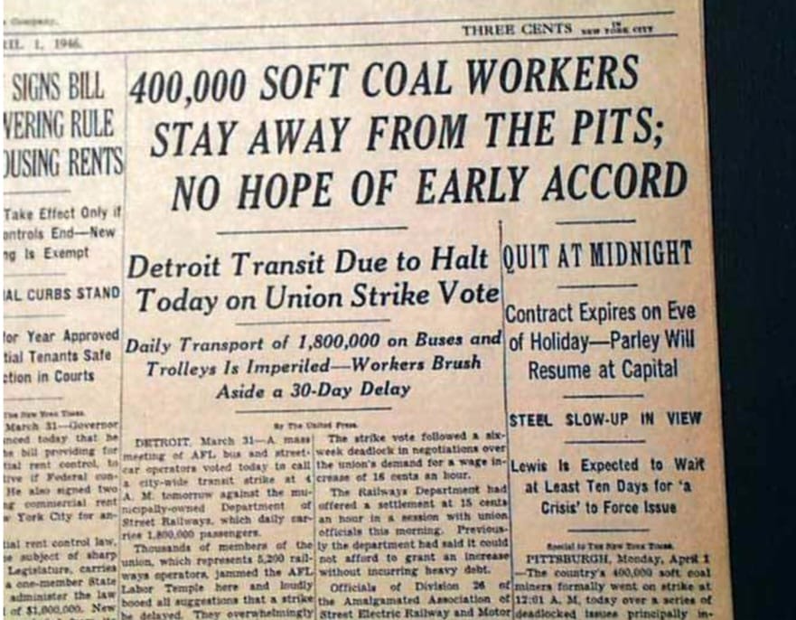 היום לפני שבעים ושבע שנים פרצה שביתת הענק של איגוד כורי הפחם בארה”ב
